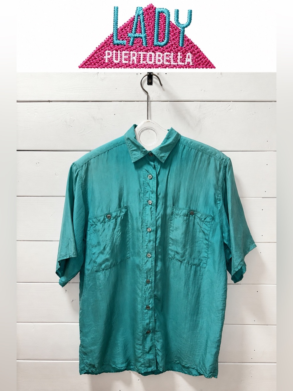 Vintage Lady Foot Locker Turquoise Silk Shirt – Size M